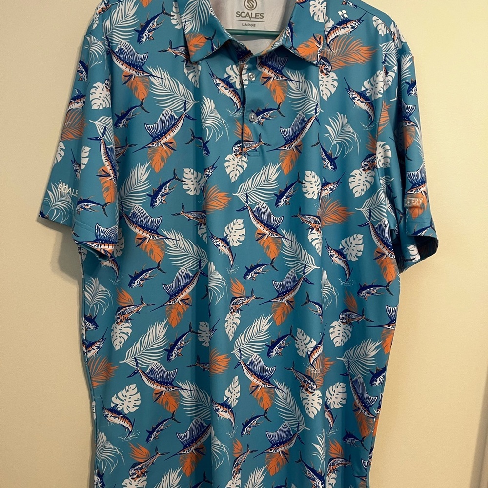 SCALES Blue and Orange Floral Fish Polo L